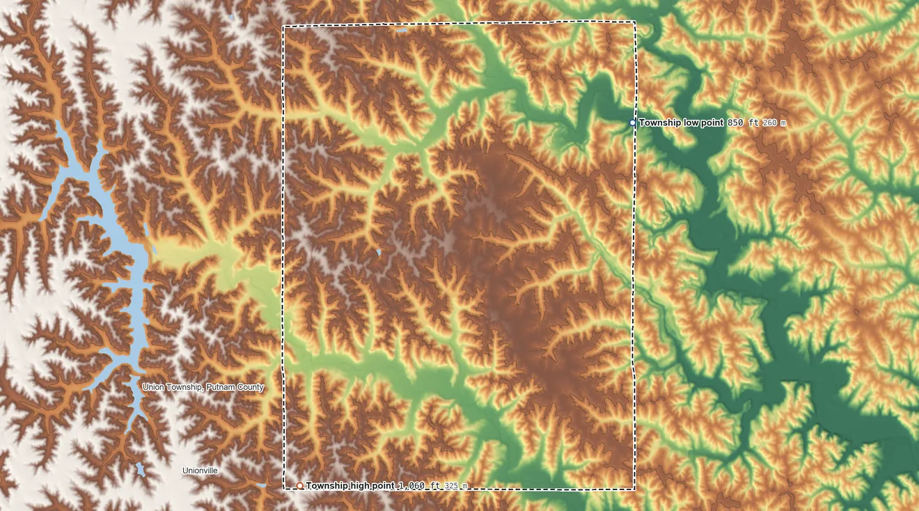 Topographic elevation map of Lincoln Township, Putnam County, Missouri, shaded from 850 ft on the northeast side to 1,060 ft on the southwest side