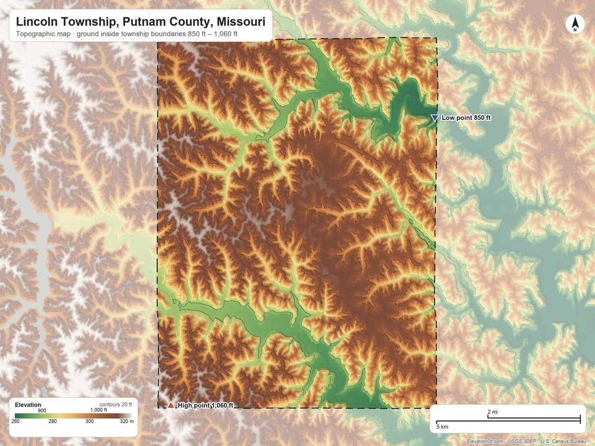 Topographic elevation map of Lincoln Township, Putnam County, Missouri, shaded from 850 ft on the northeast side to 1,060 ft on the southwest side