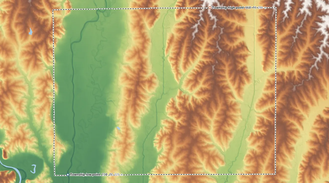 Topographic elevation map of Lincoln Township, Missouri, shaded from 730 ft on the southwest side to 960 ft on the north side