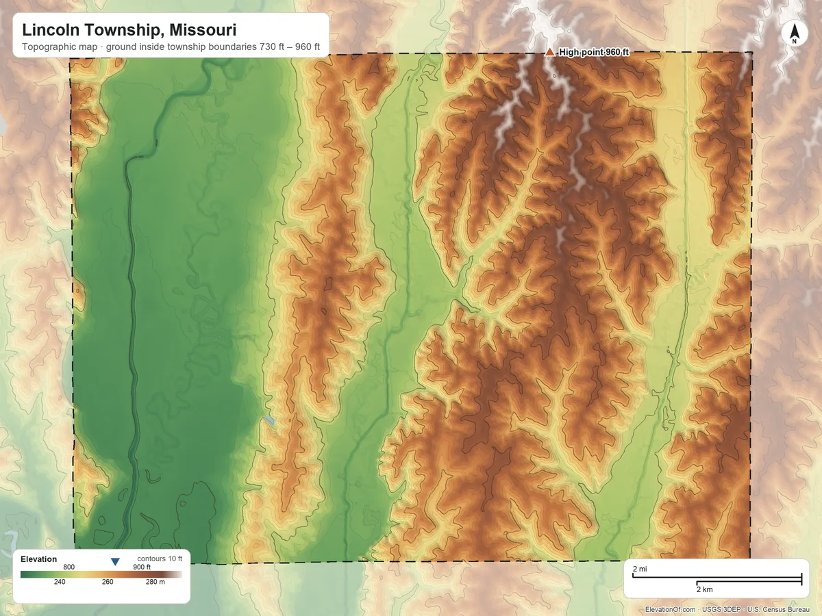 Topographic elevation map of Lincoln Township, Missouri, shaded from 730 ft on the southwest side to 960 ft on the north side