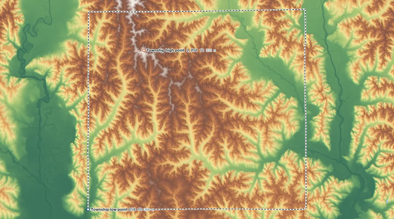 Topographic elevation map of Lindley Township, Missouri, shaded from 850 ft on the southwest side to 1,090 ft on the northwest side