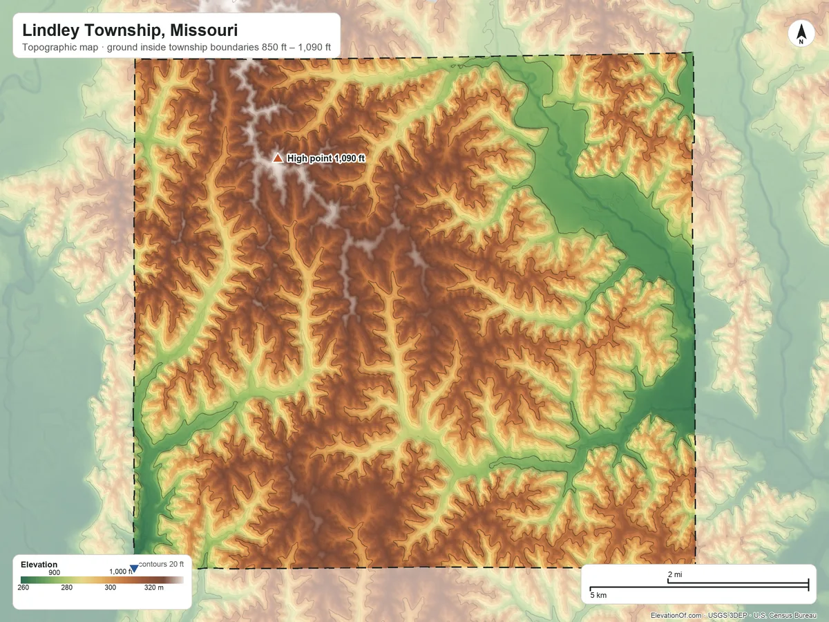 Topographic elevation map of Lindley Township, Missouri, shaded from 850 ft on the southwest side to 1,090 ft on the northwest side