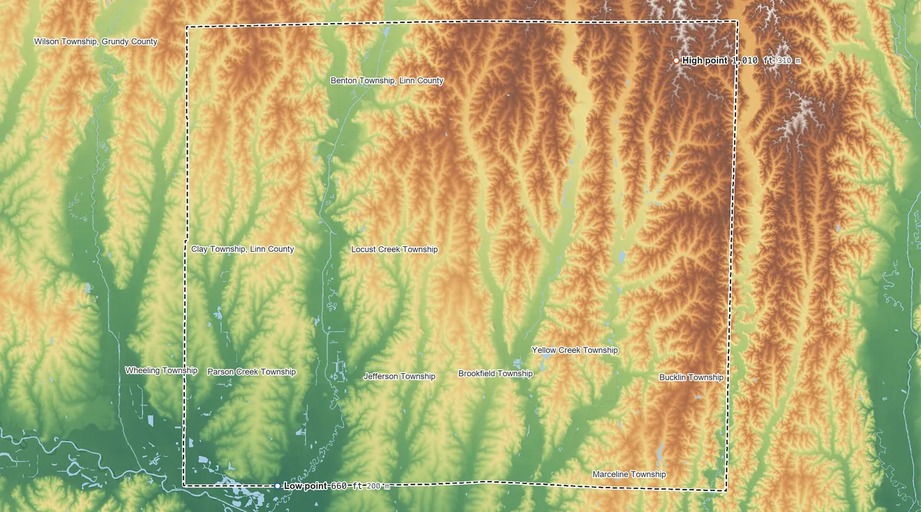 Topographic elevation map of Linn County, Missouri, shaded from 660 ft on the southwest side to 1,010 ft on the northeast side