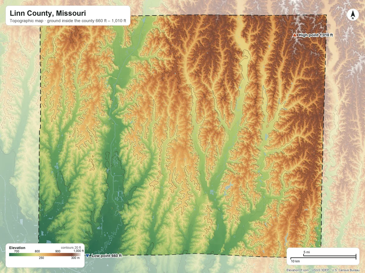 Topographic elevation map of Linn County, Missouri, shaded from 660 ft on the southwest side to 1,010 ft on the northeast side