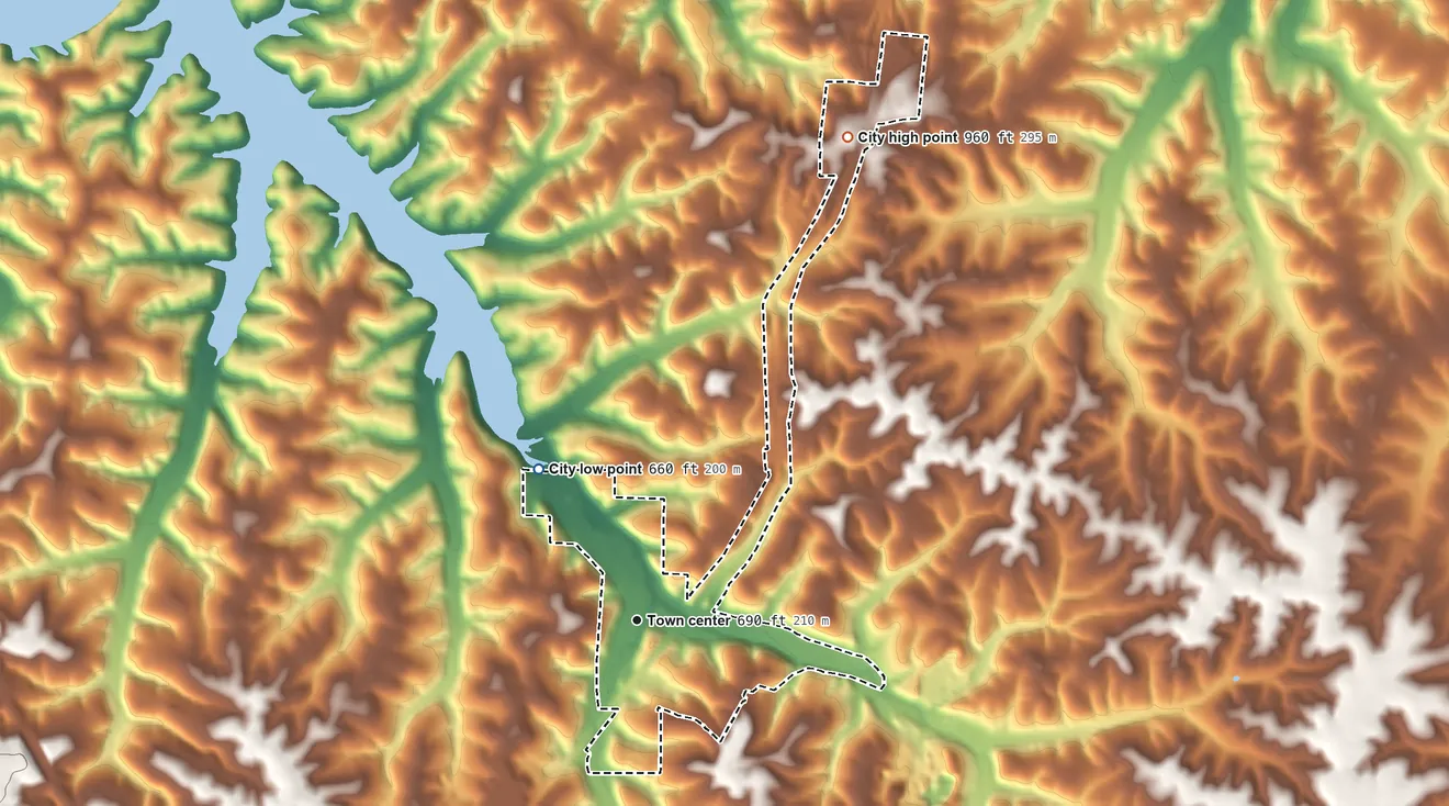 Topographic elevation map of Linn Creek, Missouri, shaded from 660 ft on the northwest side to 960 ft on the northeast side