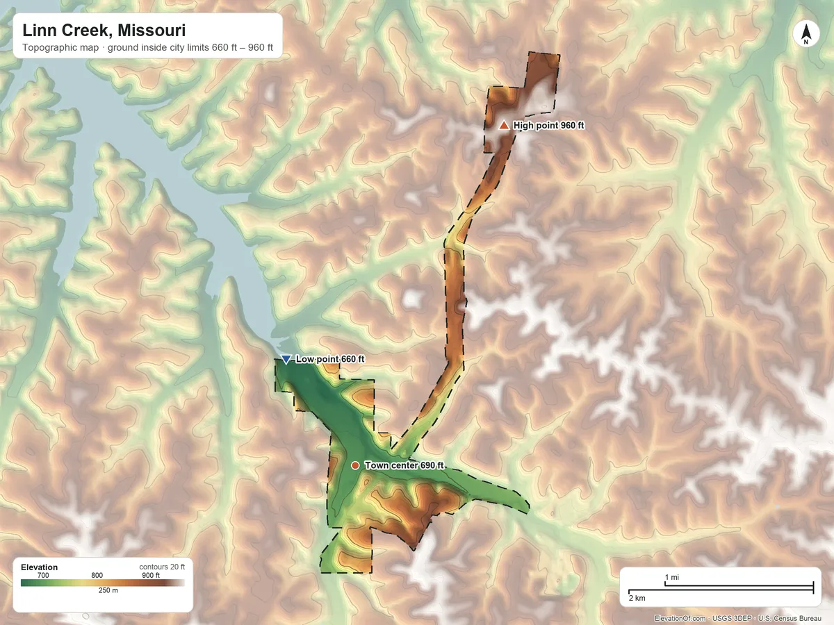 Topographic elevation map of Linn Creek, Missouri, shaded from 660 ft on the northwest side to 960 ft on the northeast side