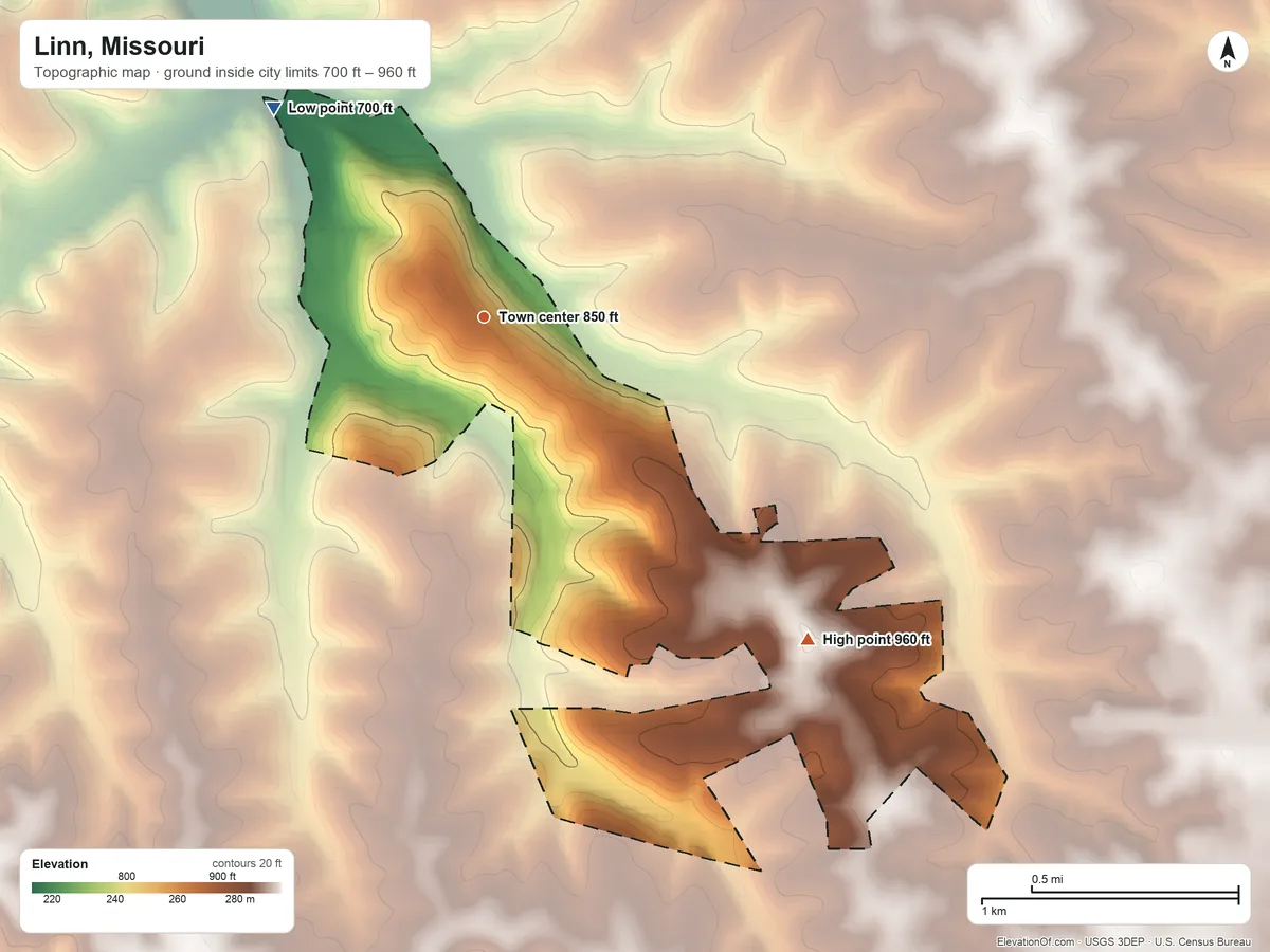 Topographic elevation map of Linn, Missouri, shaded from 700 ft on the northwest side to 960 ft on the southeast side