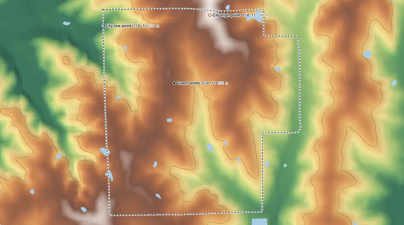 Topographic elevation map of Linneus, Missouri, shaded from 750 ft on the northwest side to 850 ft on the northeast side