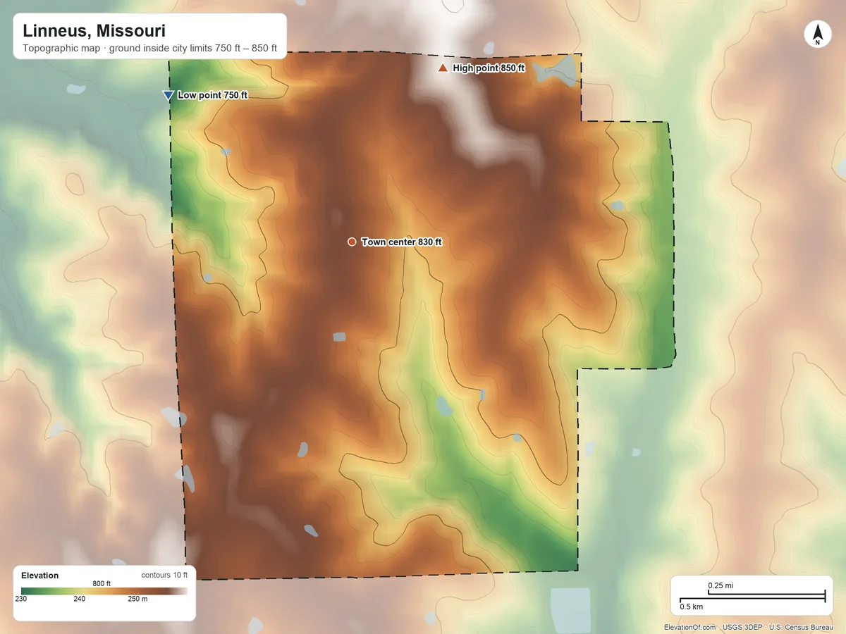Topographic elevation map of Linneus, Missouri, shaded from 750 ft on the northwest side to 850 ft on the northeast side