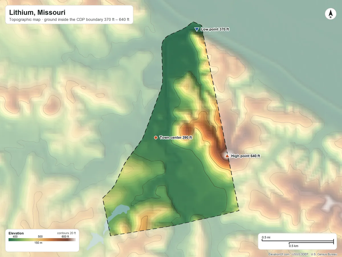 Topographic elevation map of Lithium, Missouri, shaded from 370 ft on the north side to 640 ft on the east side