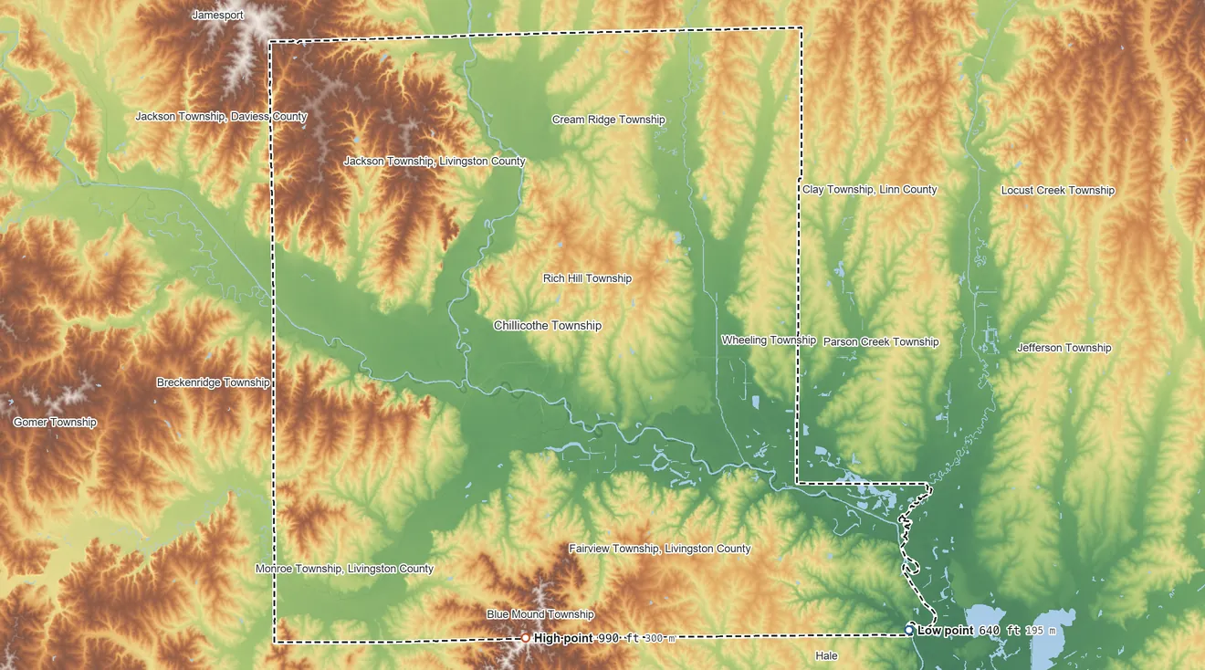 Topographic elevation map of Livingston County, Missouri, shaded from 640 ft on the southeast side to 990 ft on the south side