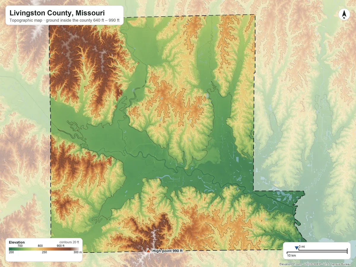 Topographic elevation map of Livingston County, Missouri, shaded from 640 ft on the southeast side to 990 ft on the south side