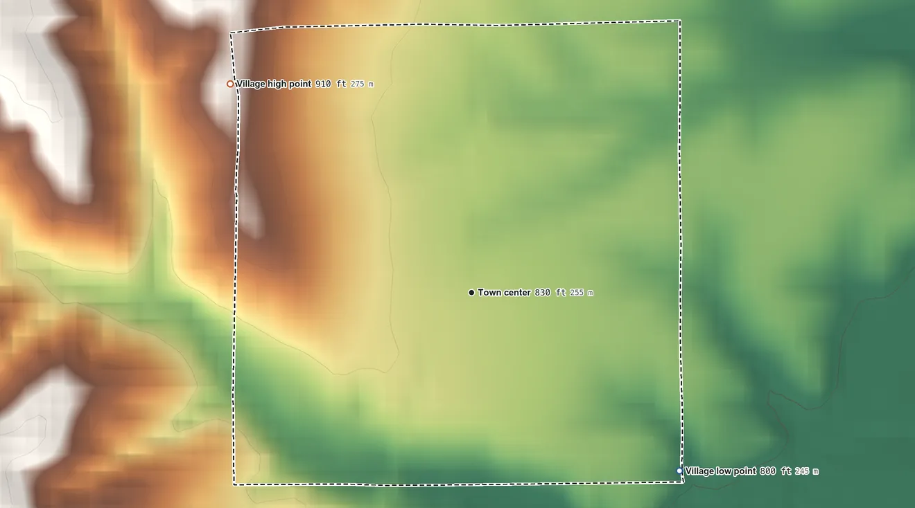 Topographic elevation map of Livonia, Missouri, shaded from 800 ft on the southeast side to 910 ft on the northwest side
