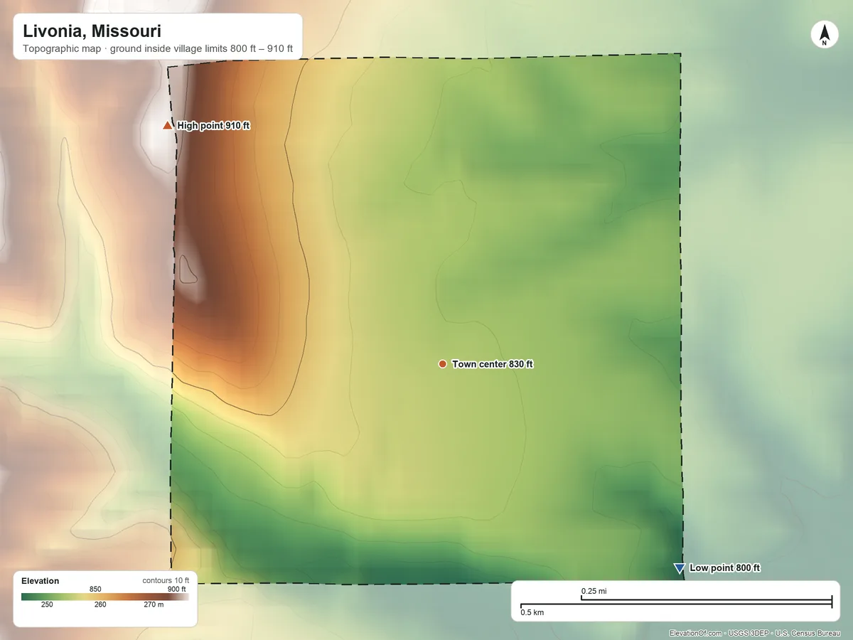 Topographic elevation map of Livonia, Missouri, shaded from 800 ft on the southeast side to 910 ft on the northwest side