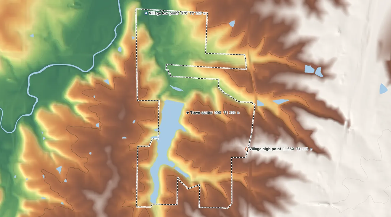 Topographic elevation map of Loch Lloyd, Missouri, shaded from 870 ft on the northwest side to 1,060 ft on the southeast side