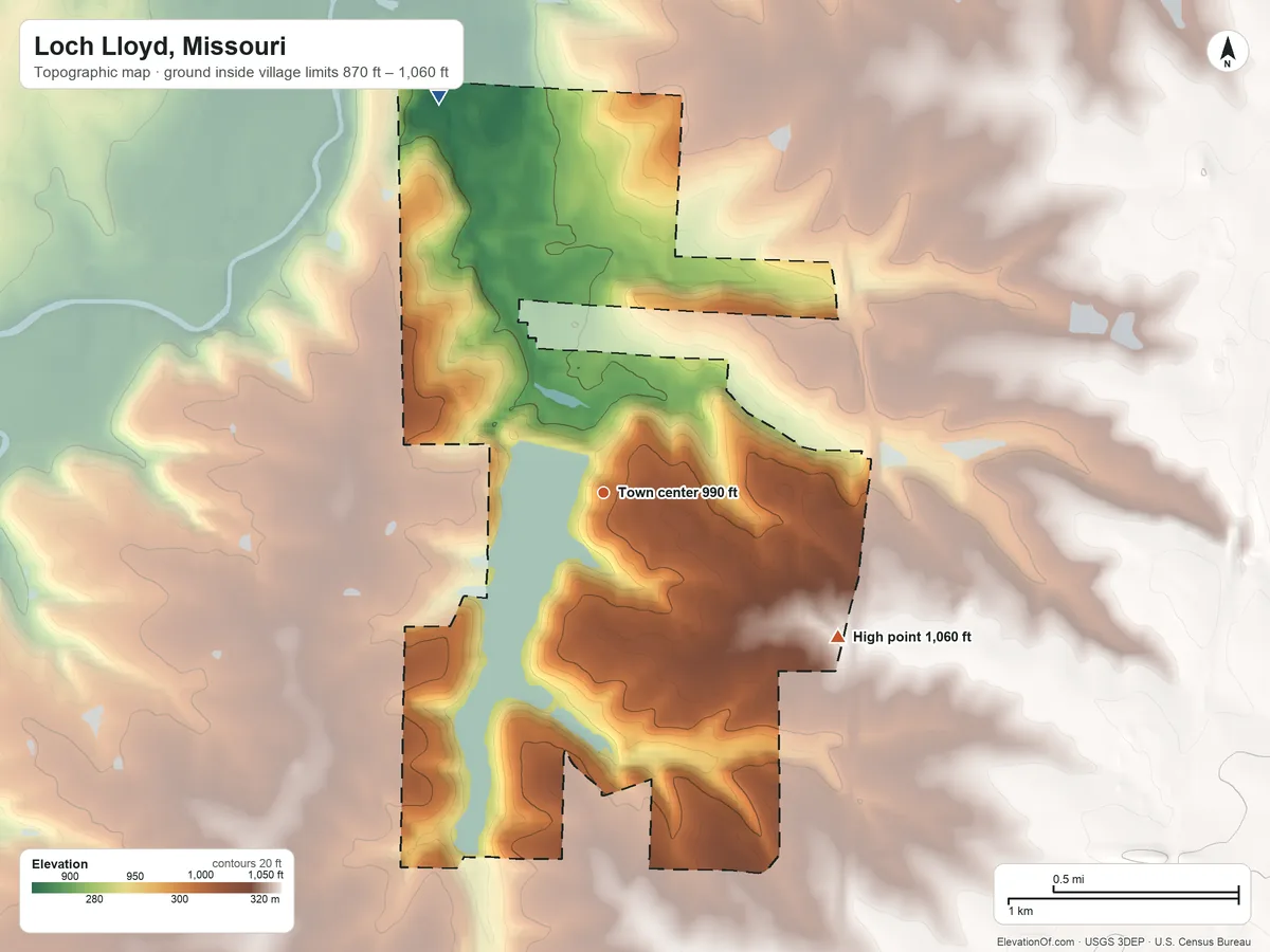 Topographic elevation map of Loch Lloyd, Missouri, shaded from 870 ft on the northwest side to 1,060 ft on the southeast side
