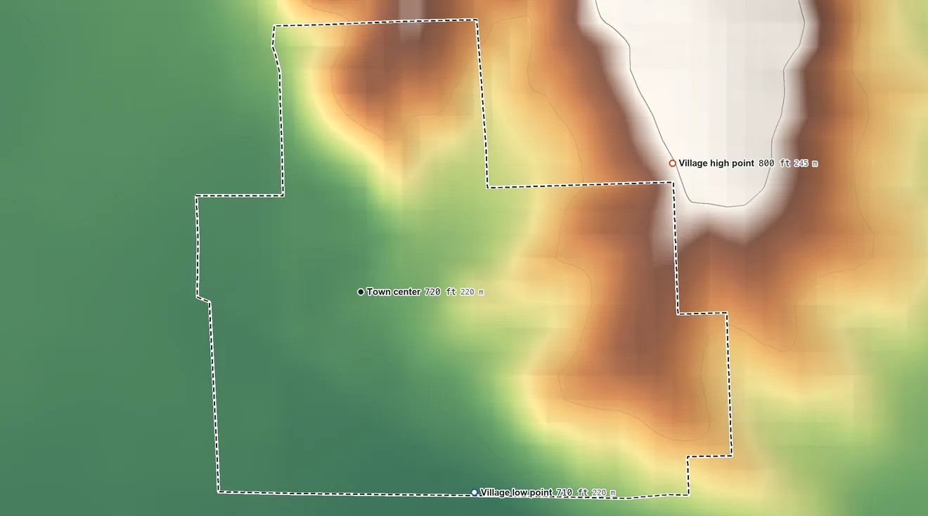 Topographic elevation map of Lock Springs, Missouri, shaded from 710 ft on the southeast side to 800 ft on the east side