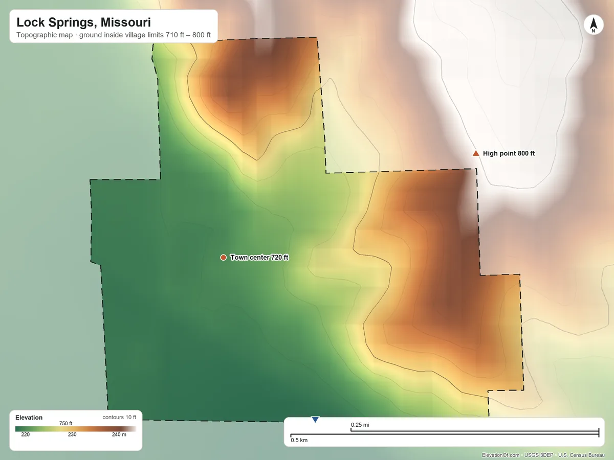 Topographic elevation map of Lock Springs, Missouri, shaded from 710 ft on the southeast side to 800 ft on the east side