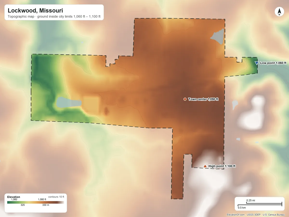 Topographic elevation map of Lockwood, Missouri, shaded from 1,060 ft on the northeast side to 1,100 ft on the south side
