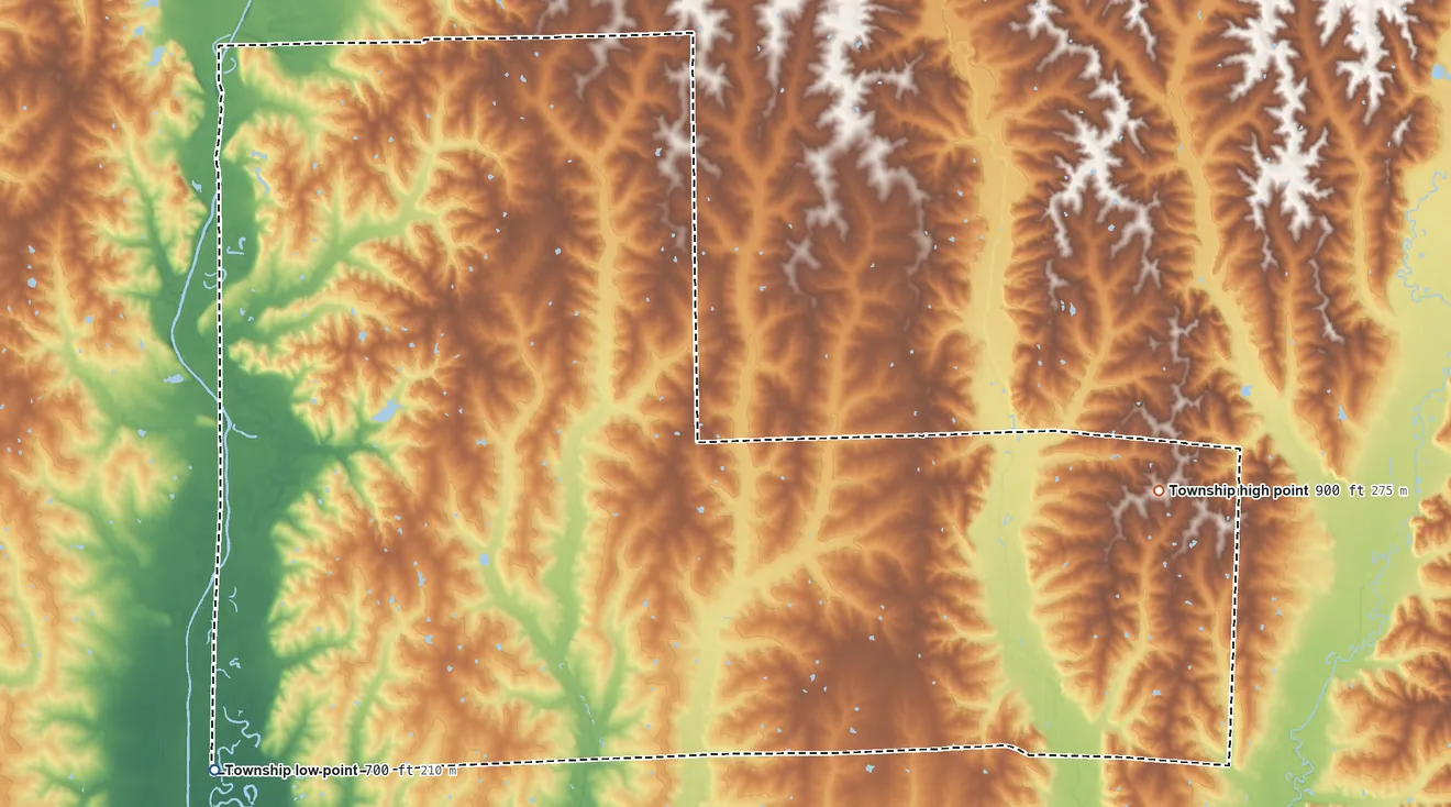 Topographic elevation map of Locust Creek Township, Missouri, shaded from 700 ft on the southwest side to 900 ft on the east side