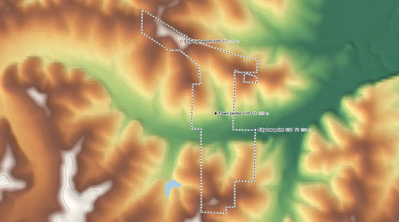 Topographic elevation map of Lohman, Missouri, shaded from 630 ft on the southeast side to 800 ft on the northwest side