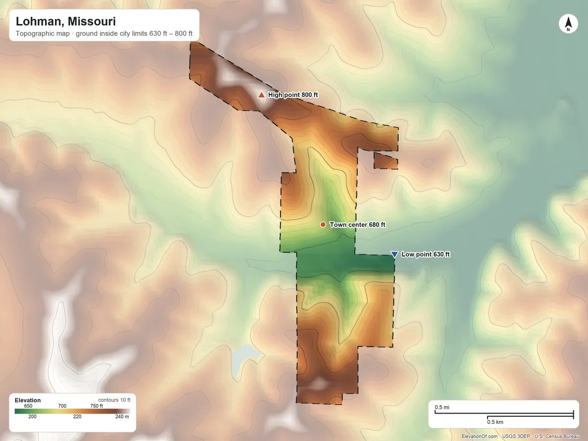 Topographic elevation map of Lohman, Missouri, shaded from 630 ft on the southeast side to 800 ft on the northwest side