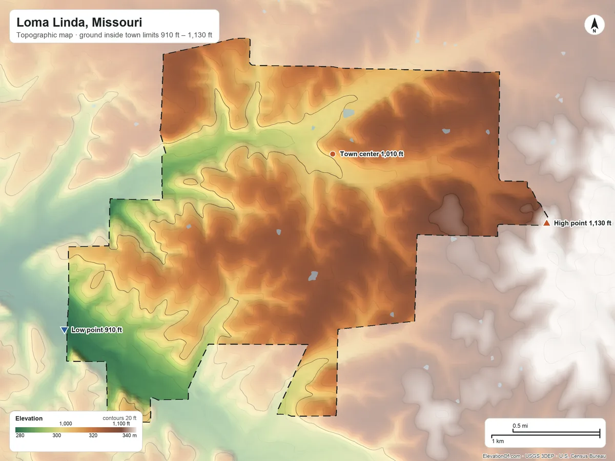 Topographic elevation map of Loma Linda, Missouri, shaded from 910 ft on the southwest side to 1,130 ft on the east side