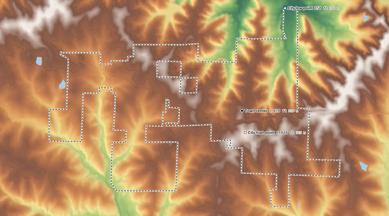 Topographic elevation map of Lone Jack, Missouri, shaded from 850 ft on the northeast side to 1,040 ft near the middle