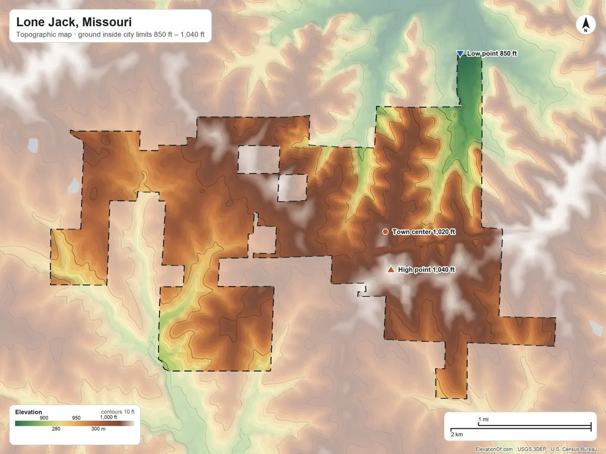 Topographic elevation map of Lone Jack, Missouri, shaded from 850 ft on the northeast side to 1,040 ft near the middle
