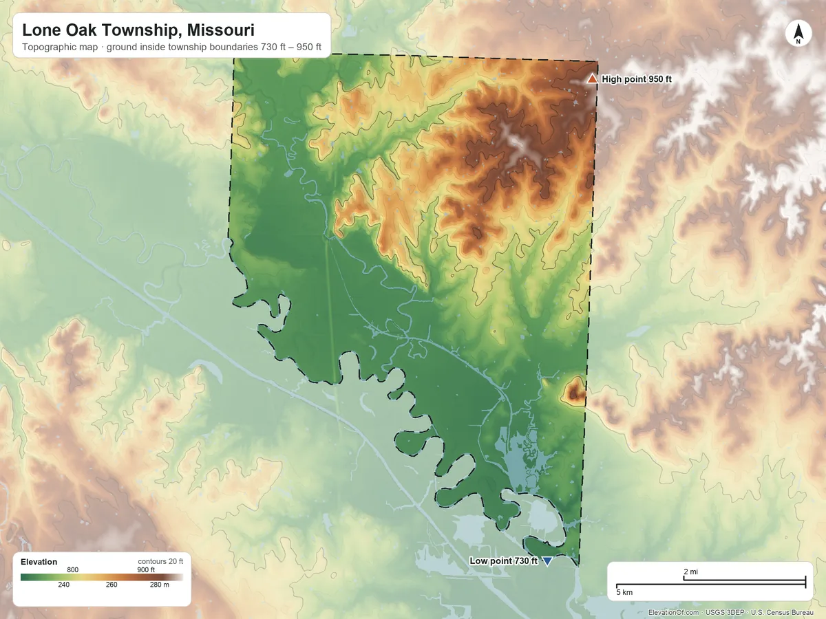 Topographic elevation map of Lone Oak Township, Missouri, shaded from 730 ft on the south side to 950 ft on the northeast side