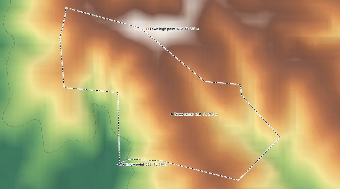 Topographic elevation map of Longtown, Missouri, shaded from 590 ft on the southwest side to 670 ft on the north side