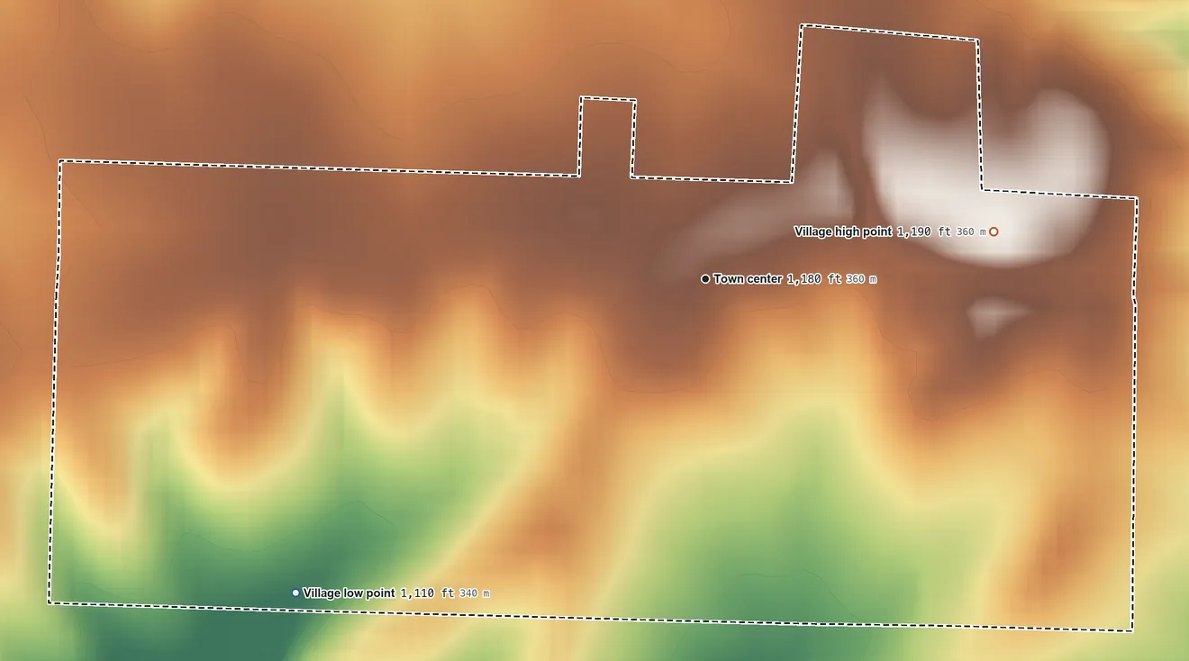 Topographic elevation map of Louisburg, Missouri, shaded from 1,110 ft on the southwest side to 1,190 ft on the east side