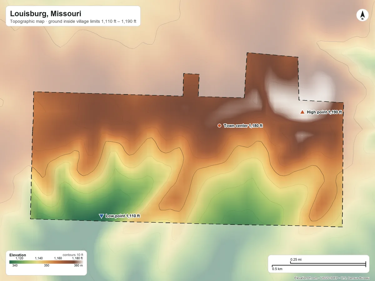 Topographic elevation map of Louisburg, Missouri, shaded from 1,110 ft on the southwest side to 1,190 ft on the east side