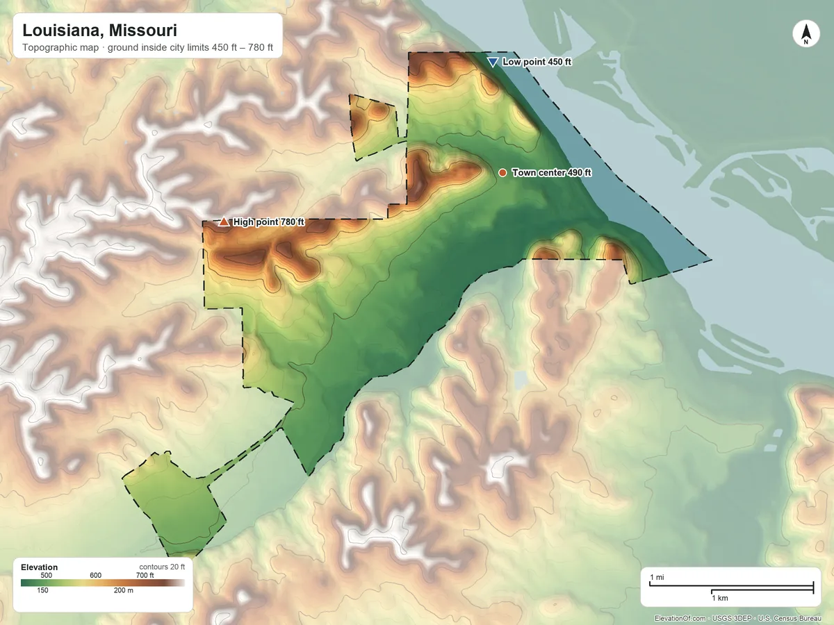 Topographic elevation map of Louisiana, Missouri, shaded from 450 ft on the north side to 780 ft on the west side