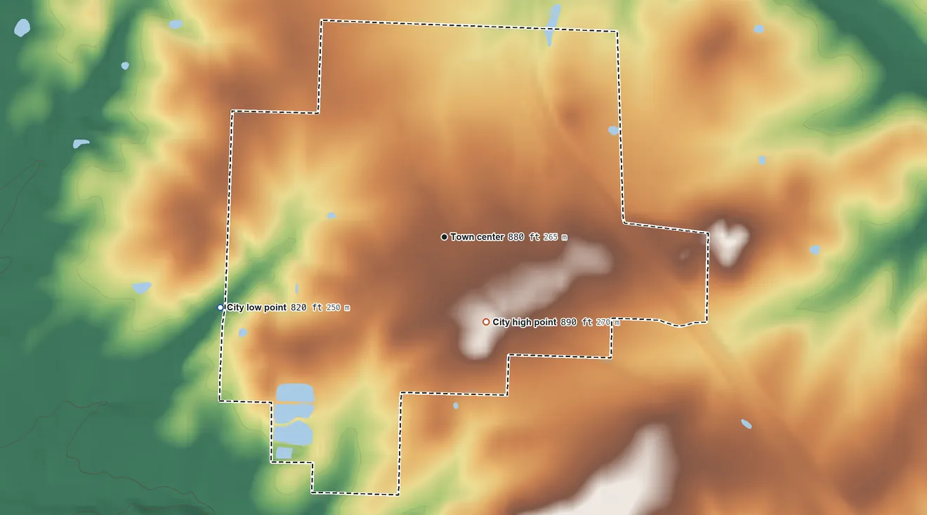 Topographic elevation map of Lowry City, Missouri, shaded from 820 ft on the west side to 890 ft on the southeast side