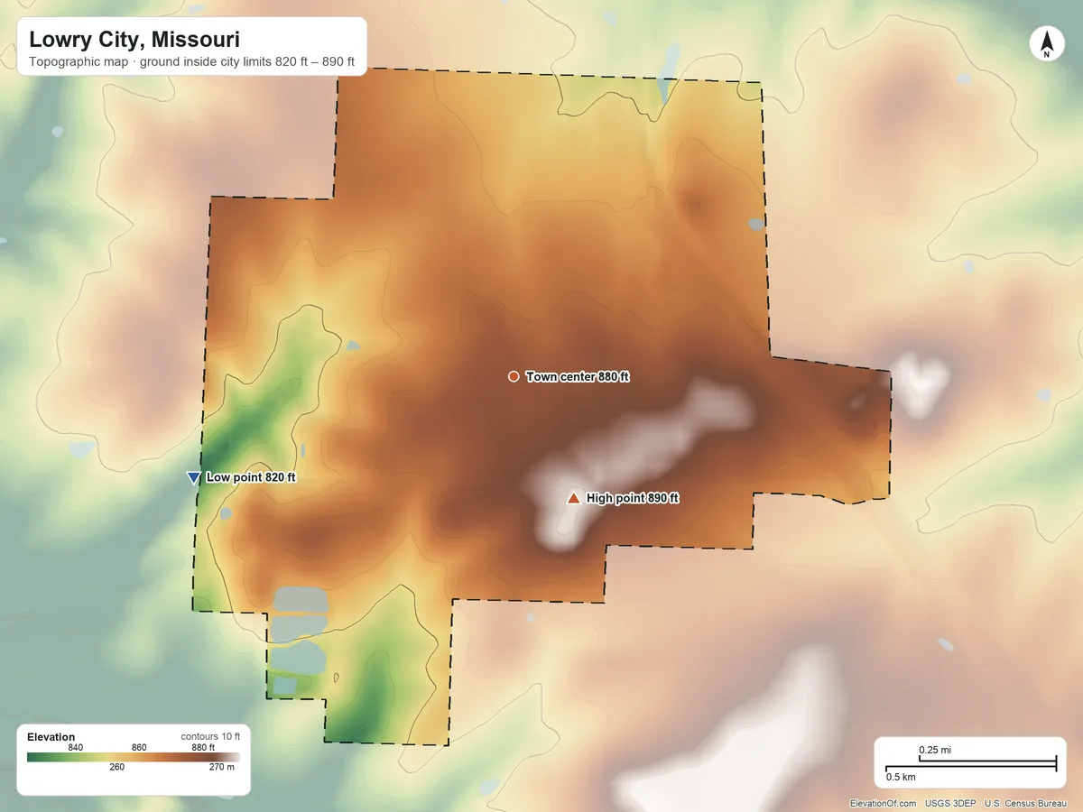Topographic elevation map of Lowry City, Missouri, shaded from 820 ft on the west side to 890 ft on the southeast side