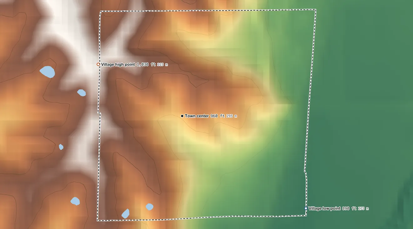 Topographic elevation map of Lucerne, Missouri, shaded from 890 ft on the southeast side to 1,030 ft on the northwest side