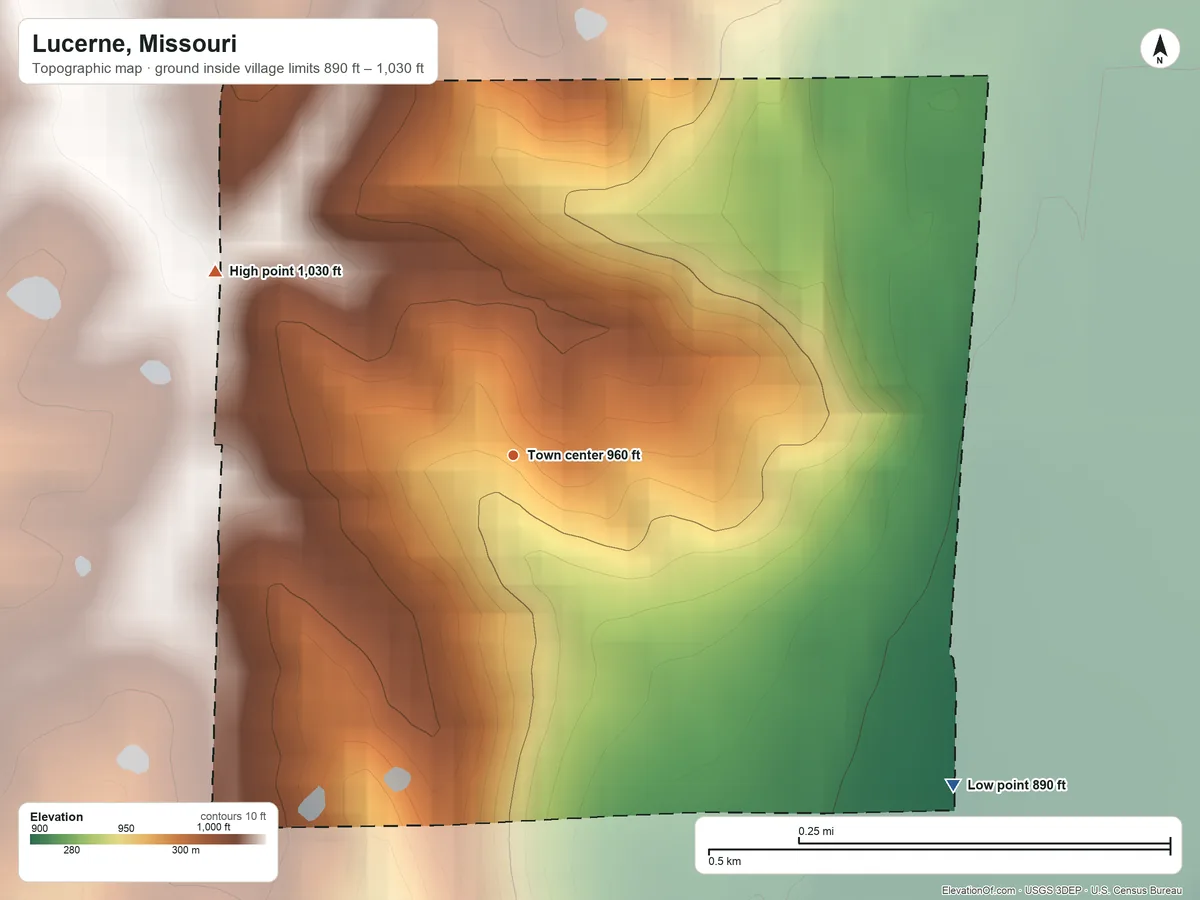 Topographic elevation map of Lucerne, Missouri, shaded from 890 ft on the southeast side to 1,030 ft on the northwest side