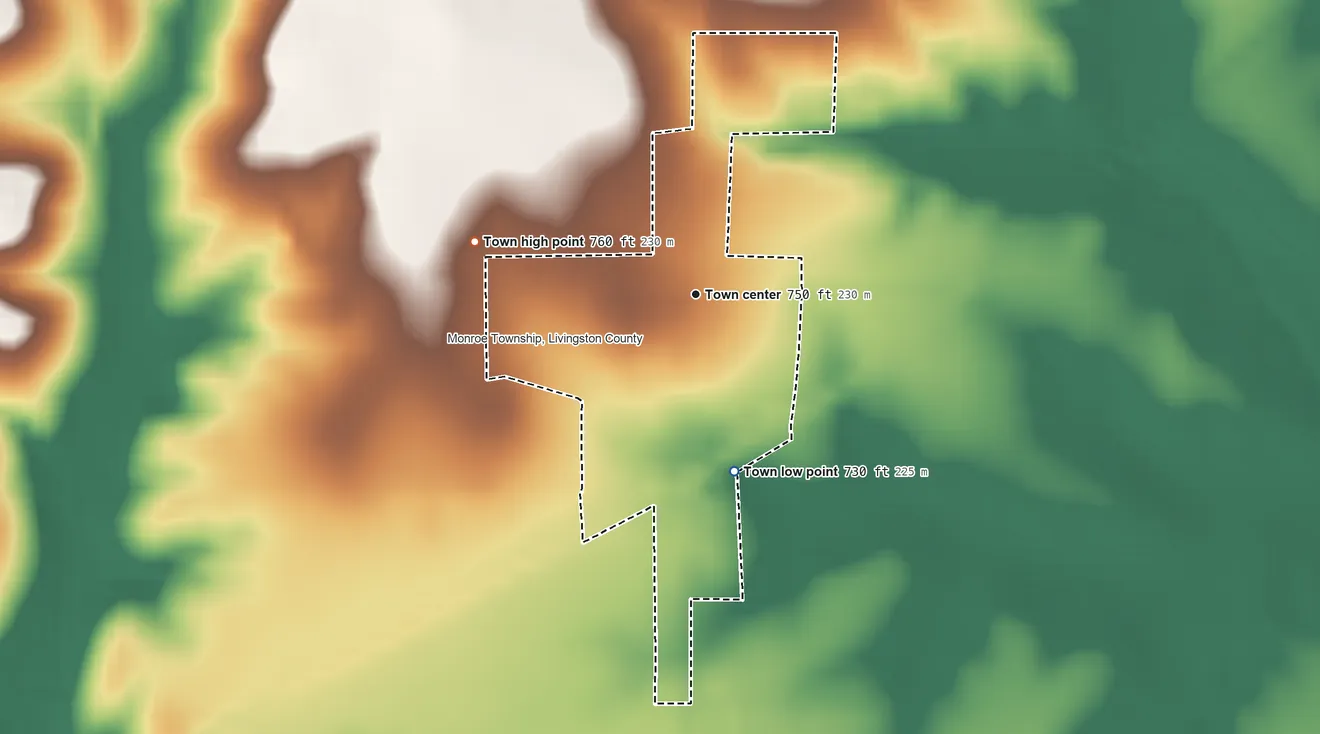 Topographic elevation map of Ludlow, Missouri, shaded from 730 ft on the south side to 760 ft on the west side