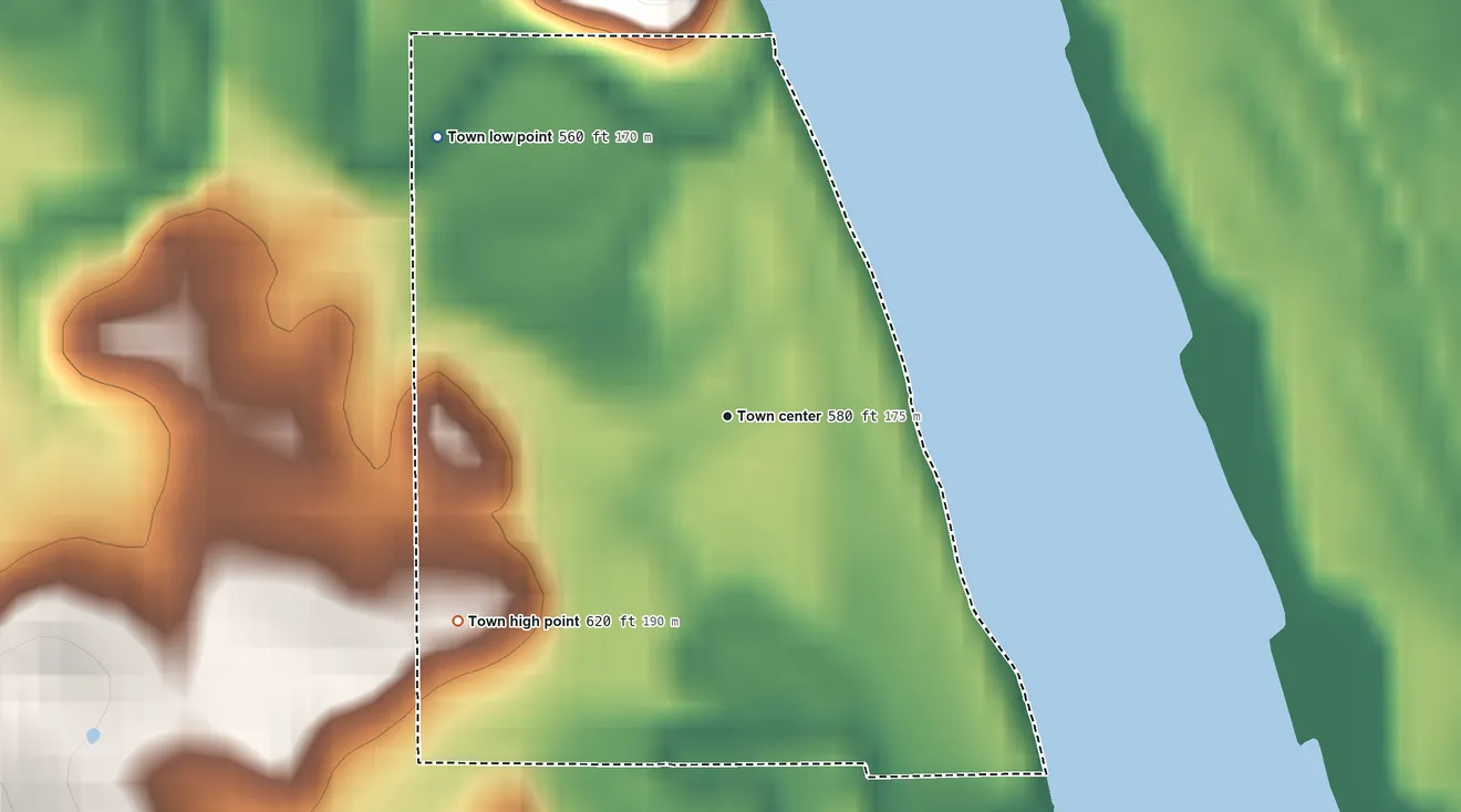 Topographic elevation map of Lupus, Missouri, shaded from 560 ft on the northwest side to 620 ft on the southwest side