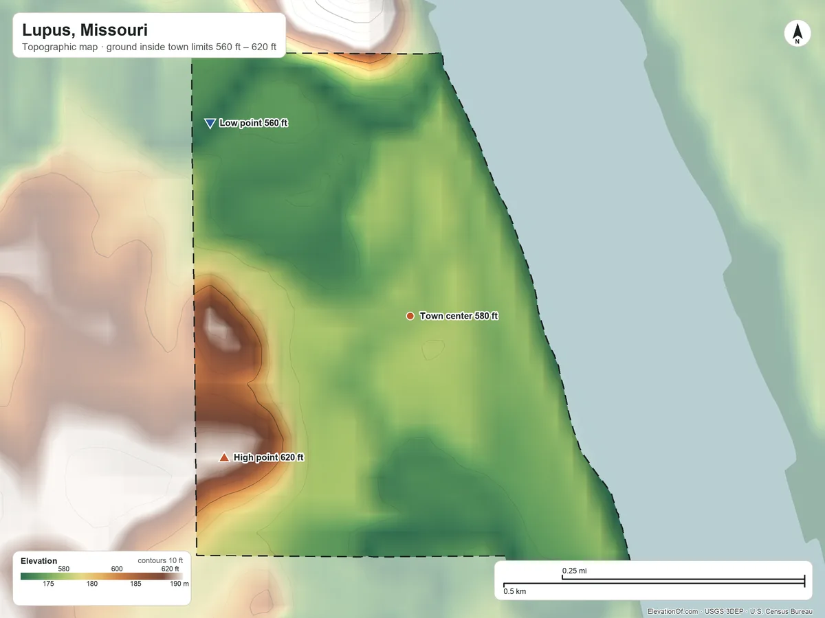 Topographic elevation map of Lupus, Missouri, shaded from 560 ft on the northwest side to 620 ft on the southwest side