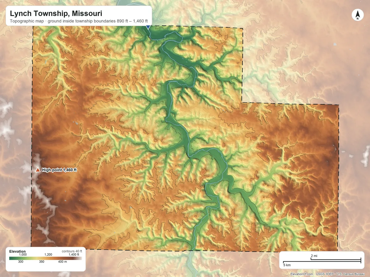 Topographic elevation map of Lynch Township, Missouri, shaded from 890 ft on the north side to 1,460 ft on the west side