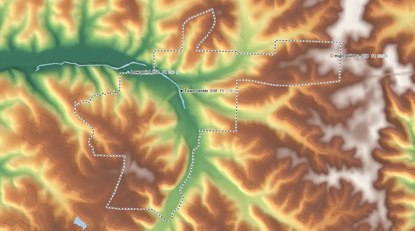 Topographic elevation map of Macks Creek, Missouri, shaded from 860 ft on the west side to 1,070 ft on the east side