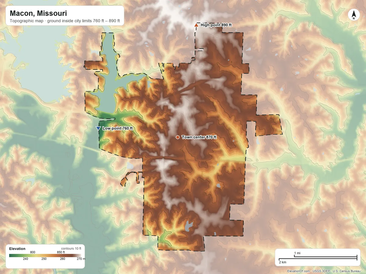 Topographic elevation map of Macon, Missouri, shaded from 760 ft on the west side to 890 ft on the north side