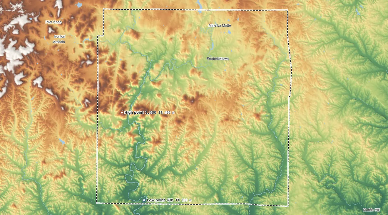 Topographic elevation map of Madison County, Missouri, shaded from 430 ft on the southwest side to 1,500 ft on Black Mountain