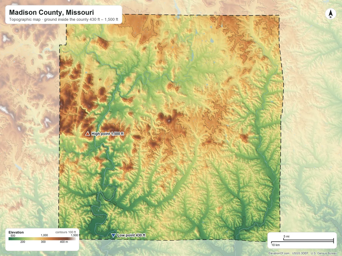 Topographic elevation map of Madison County, Missouri, shaded from 430 ft on the southwest side to 1,500 ft on Black Mountain