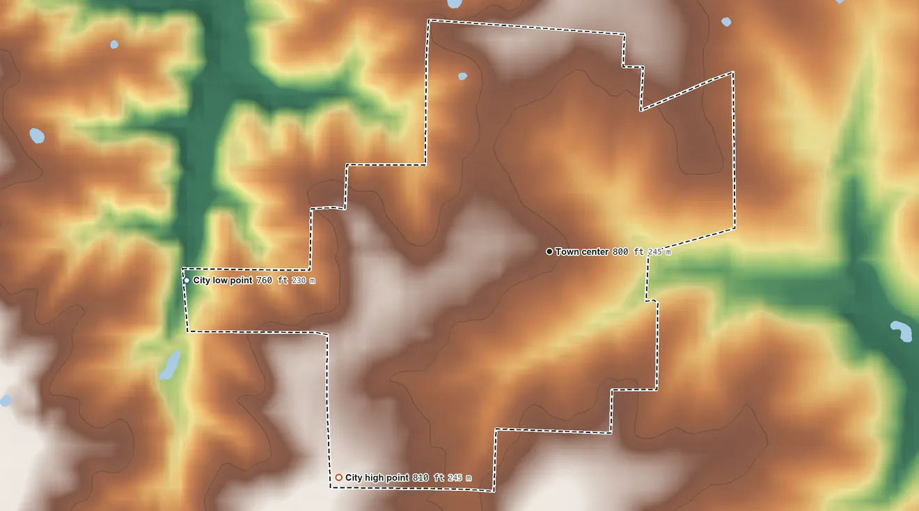 Topographic elevation map of Madison, Missouri, shaded from 760 ft on the west side to 810 ft on the southwest side