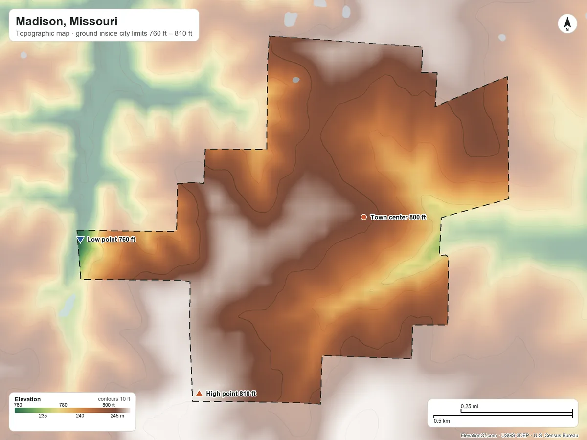 Topographic elevation map of Madison, Missouri, shaded from 760 ft on the west side to 810 ft on the southwest side
