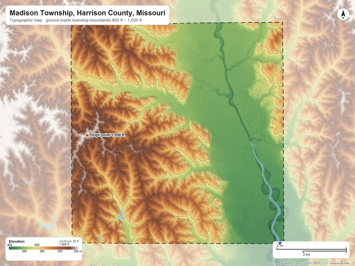 Topographic elevation map of Madison Township, Harrison County, Missouri, shaded from 800 ft on the south side to 1,050 ft on the west side