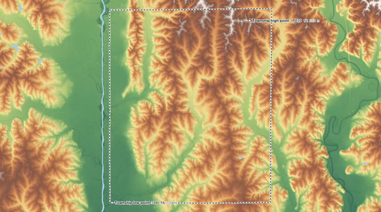 Topographic elevation map of Madison Township, Mercer County, Missouri, shaded from 780 ft on the southwest side to 1,010 ft on the northeast side